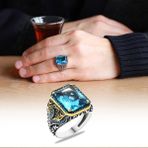 Alis Silver 925 Ayar Faset Kesim Aqua Zirkon Taşlı Mikro Zirkon Taş Mıhlamalı Gümüş Erkek Yüzük