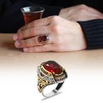 Alis Silver 925 Ayar Faset Kesim Kırmızı Zirkon Taşlı Mikro Zirkon Taş Mıhlamalı Gümüş Erkek Yüzük