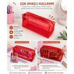 Alisa Şeffaf Renkli Kalemlik & Makyaj Çantası – Çok Amaçlı Su Geçirmez Organizer, Fermuarlı Kozmetik Çantası (Farklı Renk Seçenekleri) - Kırmızı