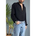 Alışveriş Sokağı %100 Pamuk Oversize Uzun Kollu Keten Gömlek - Siyah
