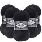 Alize Süperlana Maxi El Örgü İpi,%75 Akrilik%25 Yün, 5'li Paket, 100g/100m, 8-10 Numara Şiş İçin, Hırka ve Kazak Örgüsüne Uygun (60 Siyah)