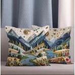 Alkan Homes 2 Li Kombin Punch Nakış Görünümlü Manzara Desen Dijital Baskılı Kırlent Kılıfı - 43 x 43 cm - Mavi - Ekru