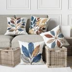 Alkan Homes 4 Lü Kombin Punch Nakış Desen Krem Zemin Yaprak Temalı Dijital Baskılı Kırlent Kılıfı - 43 x 43 cm - Mavi