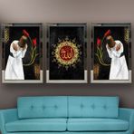 Allah(CC) Lafzı Semazen Temalı Aynalı Çerçeveli 3 lü Kanvas Tablo Seti 150x70 cm SETS0028