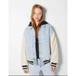 Allbucks Bershka, Suni Deri Kollu Dolgulu Denim Bomber Kadın Mont ABBRS0022 - Mavi - XS