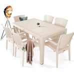 Almina Rattan Masa Takımı 80X140 Camız Masa 6 Kişilik Sandalye Seti Bahçe Balkon Teras Takımı - Bej - Krem