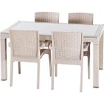 Almina Rattan Masa Takımı 80x140 Camlı Masa 4 Kişilik Rattan Sandalye Seti Bahçe Balkon Teras Takımı Cappucino - Bej - Krem
