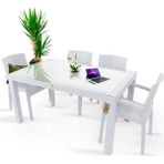 Almina Rattan Masa Takımı 80x140 Camlı Masa 4 Kişilik Sandalye Seti Beyaz Bahçe Balkon Teras Takımı - Dikdörtgen
