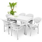 Almina Rattan Masa Takımı 80X140 Camlı Masa 6 Kişilik Bambu Sandalye Seti Bahçe Balkon Teras Takımı Beyaz