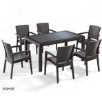 Almina Rattan Masa Takımı 80X140 Camlı Masa 6 Kişilik Bambu Sandalye Seti Bahçe Balkon Teras Takımı - Kahverengi