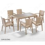 Almina Rattan Masa Takımı 80X140 Camlı Masa 6 Kişilik Sandalye Seti Bahçe Balkon Teras Takımı - Bej - Krem