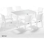 Almina Rattan Masa Takımı 80X140 Camlı Masa 6 Kişilik Sandalye Seti Bahçe Balkon Teras Takımı - Beyaz