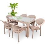 Almina Rattan Masa Takımı 80X140 Camlı Masa 6 Kişilik Sandalye Seti Bahçe Balkon Teras Takımı - Kapuçino