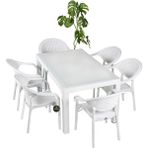 Almina Rattan Masa Takımı 80X140 Camsız Masa 6 Kişilik Bambu Sandalye Seti Bahçe Balkon Teras Takımı Beyaz