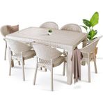 Almina Rattan Masa Takımı 90X150 Camlı Masa 6 Kişilik Bambu Sandalye Seti Bahçe Balkon Teras Takımı Krem - Bej - Krem