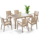 Almina Rattan Masa Takımı 90X150 Camlı Masa 6 Kişilik Sandalye Seti Bahçe Balkon Teras Takımı - Bej - Krem