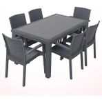 Almina Rattan Masa Takımı 90X150 cm Camlı Masa 6 Adet Rattan Sandalye Bahçe Balkon Teras Masa Takımı Antrasit