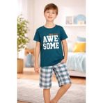 Almira Anne Bebek Erkek Çocuk Awe Some Yazılı Kısa Kollu Yeşil Pijama Takımı - 5 - 6 Yaş