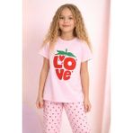 Almira Anne Bebek Kız Çocuk Pijama Takımı Renkli Baskılı Yazlık Kalpli Tasarım - Pembe - 3 - 4 Yaş