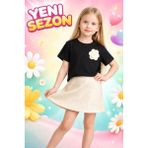 Almira Anne Bebek Kız Çocuk Takım Siyah Kısa Kollu Çiçek Işlemeli Günlük Giyim - 6 Yaş