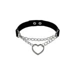 Alp Collection Siyah Deri Tasma Kalp Zincirli 37 Cm Choker Çıt Çıtlı Kadın Kolye