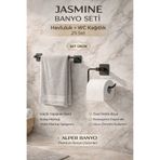 Alper Banyo Jasmin 2'li Siyah Kare Yapışkanlı Banyo Seti | Kağıtlık, Uzun Havluluk | Hem Yapışkanlı Hem Montajlı