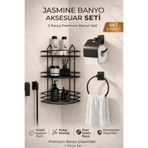 Alper Banyo Siyah 3 Parça Yapışkanlı Banyo Seti | 3 Katlı Köşe Banyo Rafı, Kare Kapaklı Kağıtlık, Halka Havluluk
