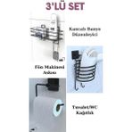 Alsi Home Yapışkanlı 3 Lü Banyo Rafı Şampuanlık Askısı Siyah Fön Makinesi Askısı Wc Tuvalet Kağıtlık Seti