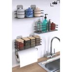 Alsi Home Yapışkanlı Mutfak Rafı Baharatlık 3lü Metal Kağıt Havluluk Siyah Standlı Şık Mutfak Raf Seti - 30x10