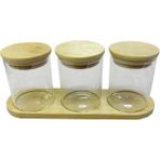 altabi Bambu Standlı 3’lü Mini Baharatlık Seti – Vakum Kapaklı | Kavanoz 7x6 cm | Stand 22X7 cm - Şeffaf - 100 ml
