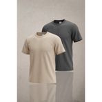 Altamira Erkek Bej Füme 2'li Krep Kumaş Salaş Çizgili T-shirt Seti