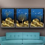 Altın Ağaçlar Temalı Aynalı Çerçeveli 3 lü Kanvas Tablo Seti 150x70 cm SETS0296