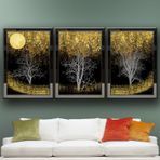 Altın Ay ve Ağaçlar Temalı Aynalı Çerçeveli 3 lü Kanvas Tablo Seti 150x70 cm SETS0298