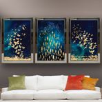 Altın Balıkları ve Kelebekler Altın Kuşlar Temalı Aynalı Çerçeveli 3 lü Kanvas Tablo Seti 150x70 cm SETS0222