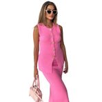Altın Düğmeli Kolsuz Triko Takım, Üst ve Uzun Etek, Örgü Kumaş, Pembe Haki Siyah Sarı Renk Seçenekleri (Pembe)