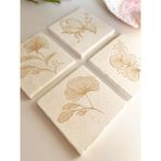 Altın Gold Çizgili Zarif Çiçek Desenli Doğal Taş Bardak Altlığı 4’lü Set - 10 x 10 cm