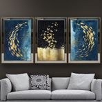 Altın Japon Balıkları ve Kelebekler Temalı Aynalı Çerçeveli 3 lü Kanvas Tablo Seti 150x70 cm SETS0221
