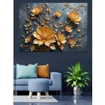 Altın Kabartmalı Lotus Çiçekleri Dekoratif Kanvas - Mdf Ahşap Tablo