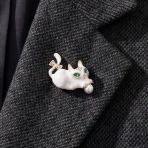 Altın Kaplama Yeşil Taşlı Kedi Model Kadın Broş