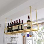 Altın Modern Metal Asma Şarap Rafı - Ev Bar Teşhir için Tavan Rafı Şarap Şişeleri ve Bardakları için Yüzer Depolama Rafları Duvara Monte Şarap Tutucu (60 cm)