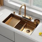 Altın Mutfak Lavabosu Tek Küvetli Mutfak Lavabosu Çalışma İstasyonu Şelale Uçan Yağmur Paslanmaz Çelik Lavabo Nano Çekmeceli Musluk, Di 68 * 45cm 65 * 45cm 60 * 45cm) 68,Gold(a)-68 * 45cm