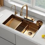 Altın Mutfak Lavabosu Tek Küvetli Mutfak Lavabosu Çalışma İstasyonu Şelale Uçan Yağmur Paslanmaz Çelik Lavabo Nano Çekmeceli Musluklu, Di 68 * 45cm 65 * 45cm 60 * 45cm),Gold(b)-68 * 45cm