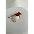 Altın Rengi Kırmızı Beyaz Detay Kuş Broş (3cm) - 3 cm