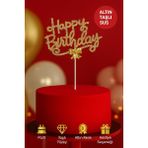 Altın Renkli Taşlı Happy Birthday Pasta Süsü – Işıltılı Metal Dekor Doğum Günü Aksesuarı