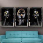 Altın Saç ve Makyajlı Afrikalı Kadın Temalı Aynalı Çerçeveli 3 lü Kanvas Tablo Seti 150x70 cm SETS0004