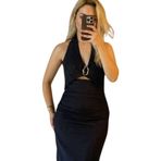 Altın Toka Detaylı Boyundan Bağlamalı Cutout Denim Midi Elbise, Fermuarlı, Elastan İçerir, Özel Gün ve Davetler için Uygun (l)