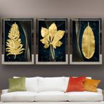 Altın Tropikal Yapraklar-2 Temalı Aynalı Çerçeveli 3 lü Kanvas Tablo Seti 150x70 cm SETS0229