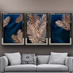 Altın Tropikal Yapraklar-4 Temalı Aynalı Çerçeveli 3 lü Kanvas Tablo Seti 150x70 cm SETS0246