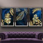 Altın Tropikal Yapraklar-5 Temalı Aynalı Çerçeveli 3 lü Kanvas Tablo Seti 150x70 cm SETS0256