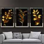 Altın Yapraklar-2 Temalı Aynalı Çerçeveli 3 lü Kanvas Tablo Seti 150x70 cm SETS0061